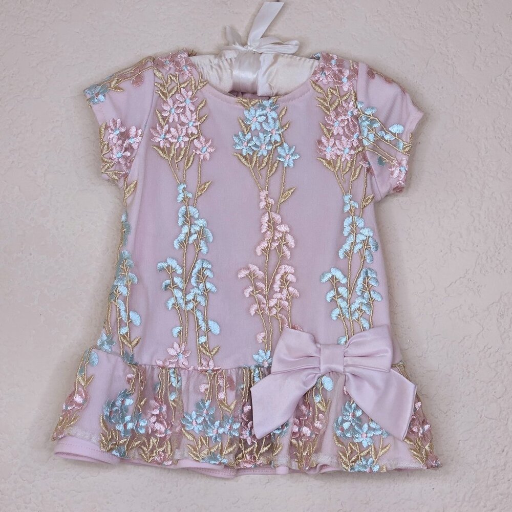 Rare Editions Pink Aqua Floral Dressy Top Embroidered Short Sleeves Bow